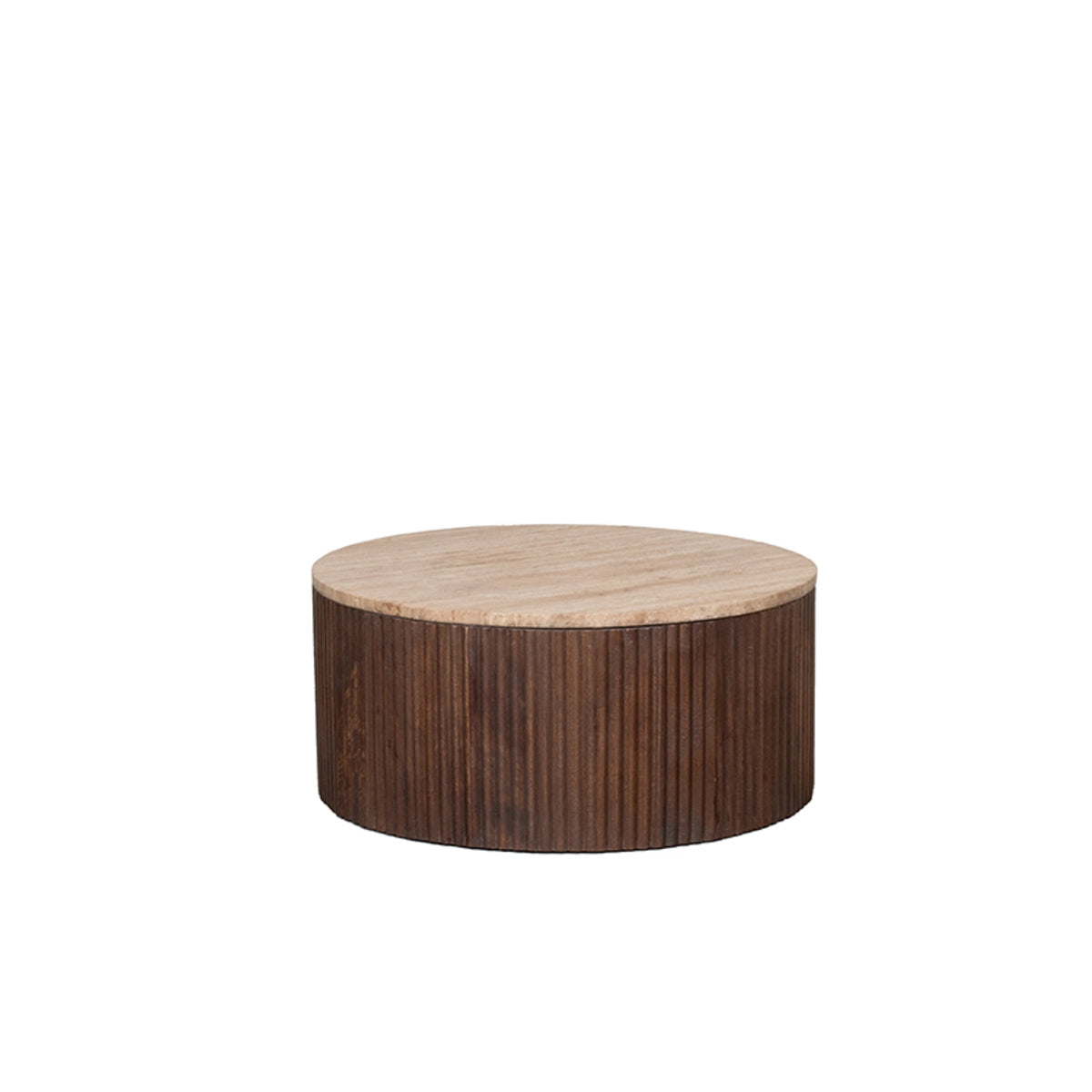 Table Basse Ronde en Travertin et Bois Cannelé – Ribble (Ø 50 cm)