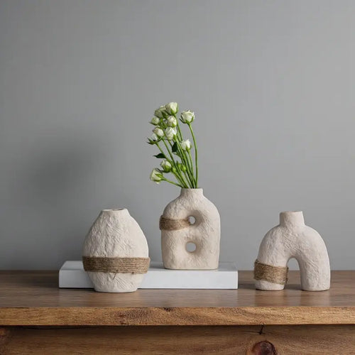 Ensemble de 3 Vases Sculpturaux en Céramique Beige - Trio Sol