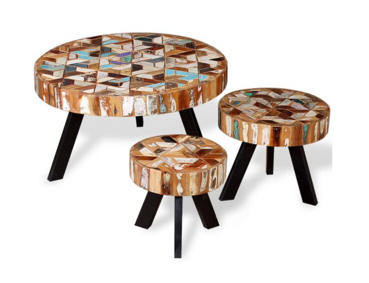 Ensemble de 3 tables basses Jaipur – Bois de récupération massif et fer