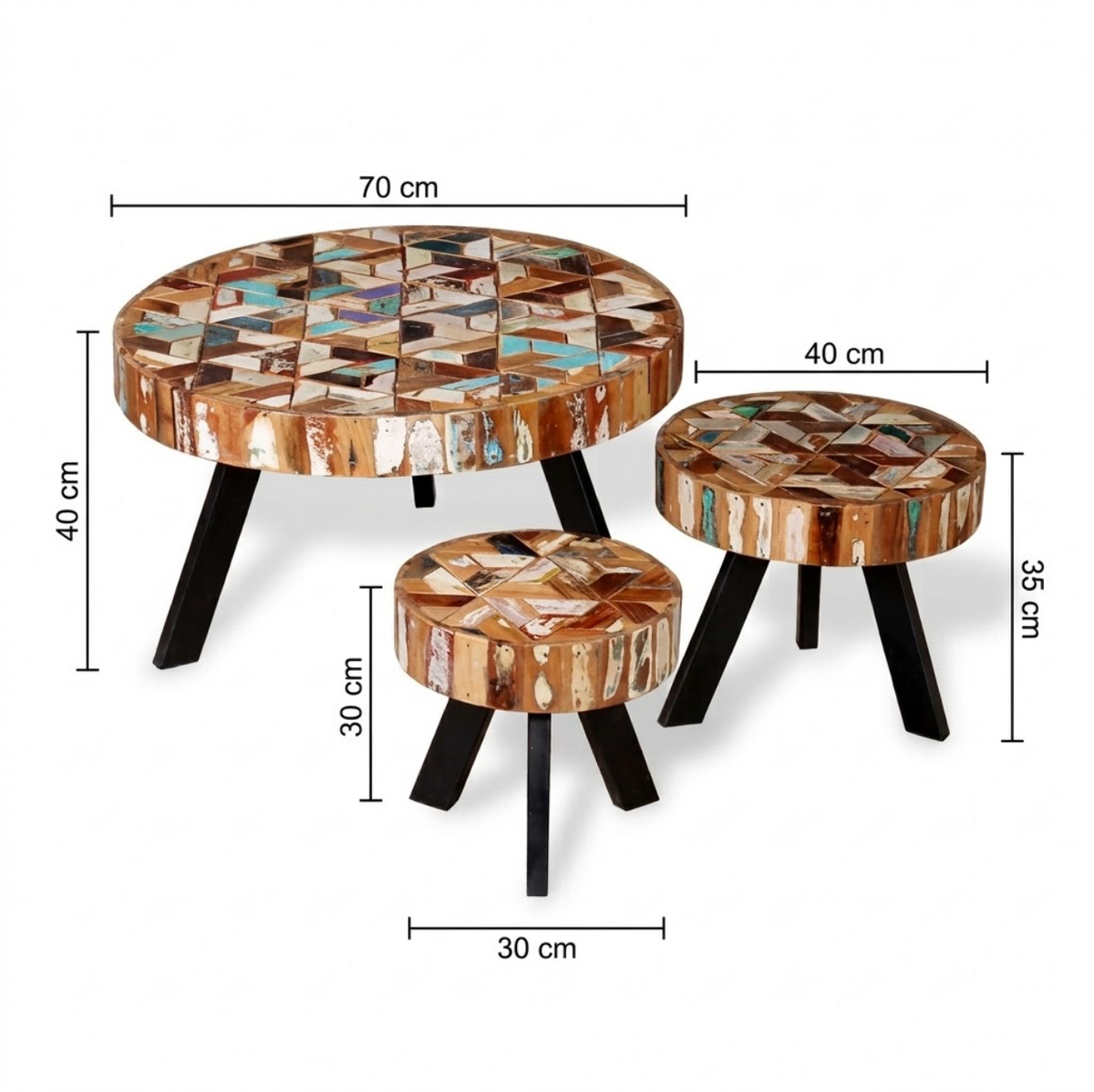 Ensemble de 3 tables basses Jaipur – Bois de récupération massif et fer