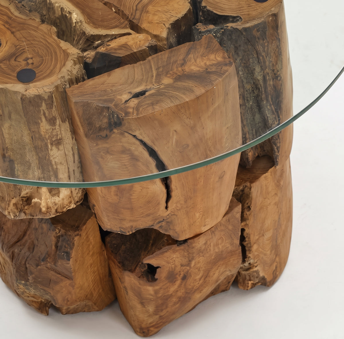 Table basse ronde Marlow – Teck massif flotté et verre trempé Ø 60 cm