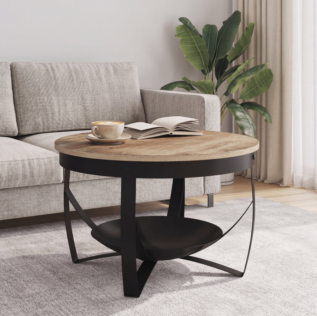 Table basse ronde Lombok – Manguier brut et métal noir Ø 68 cm