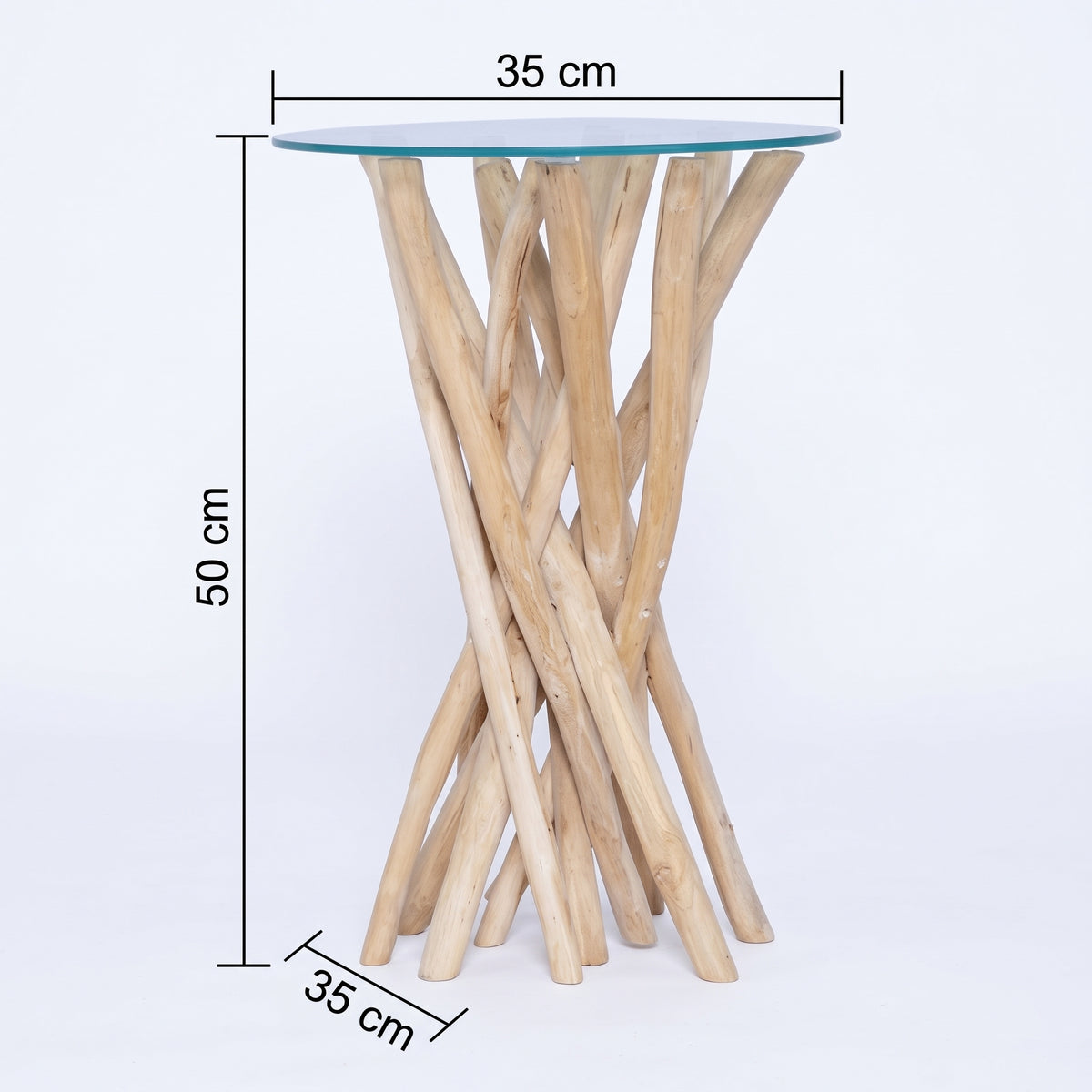 Table basse ronde Ubud – Teck massif et verre Ø 35 cm