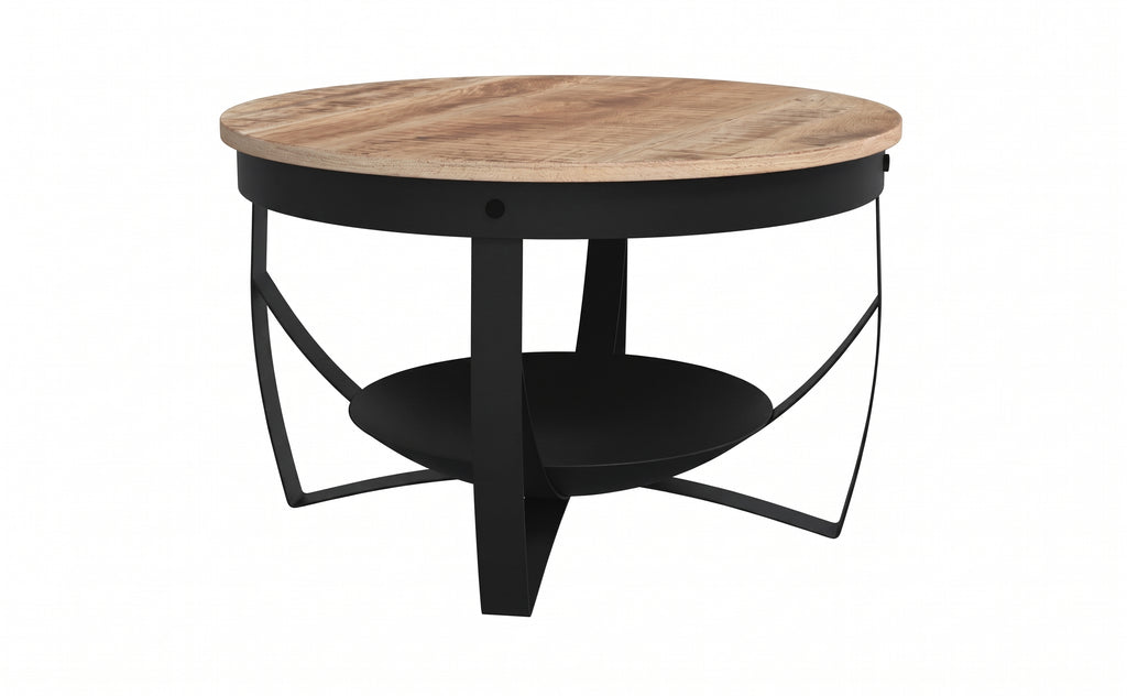 Table basse ronde Lombok – Manguier brut et métal noir Ø 68 cm
