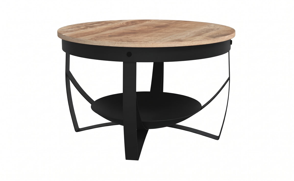 Table basse ronde Lombok – Manguier brut et métal noir Ø 68 cm