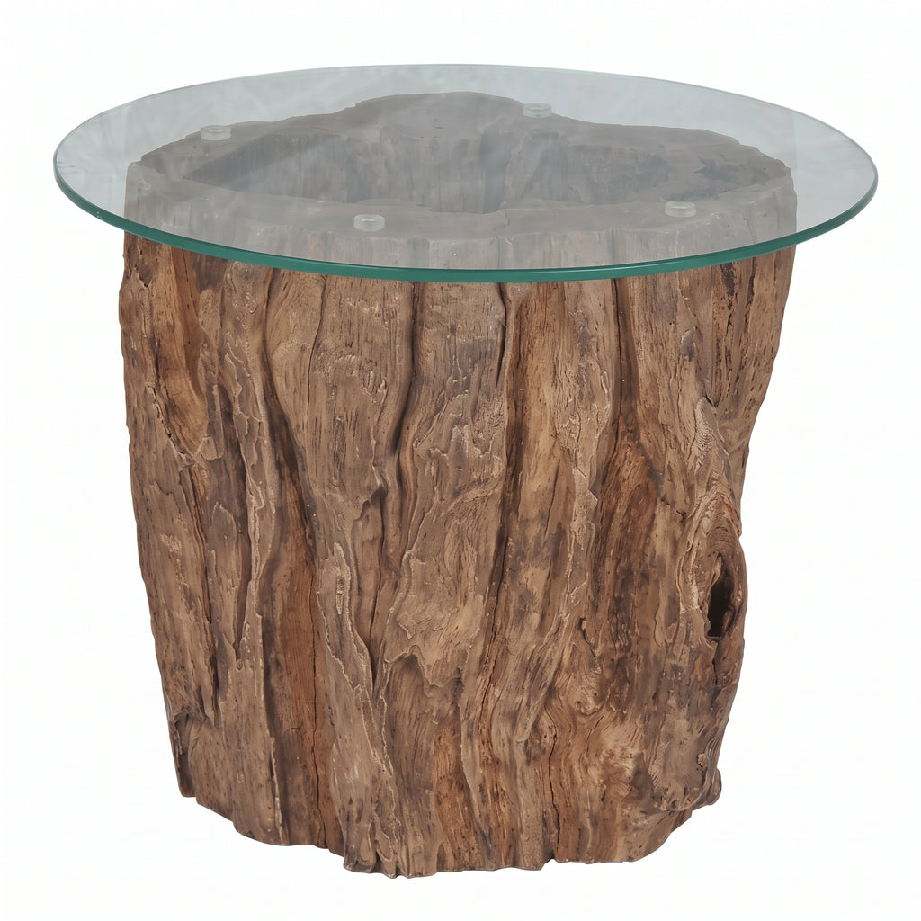 Table basse ronde Zanzibar – Teck massif et verre trempé Ø 50 cm