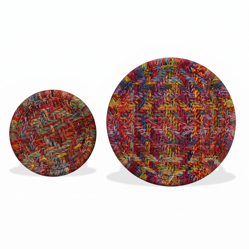 Lot de 2 tables basses rondes Goa – Détails tissés chindi multicolores