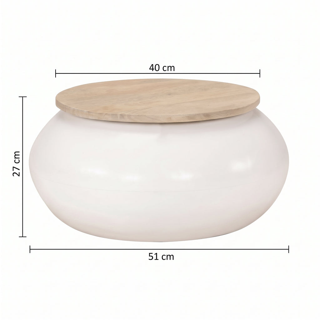 Table basse ronde Sumba – Manguier massif et base blanche Ø 51 cm