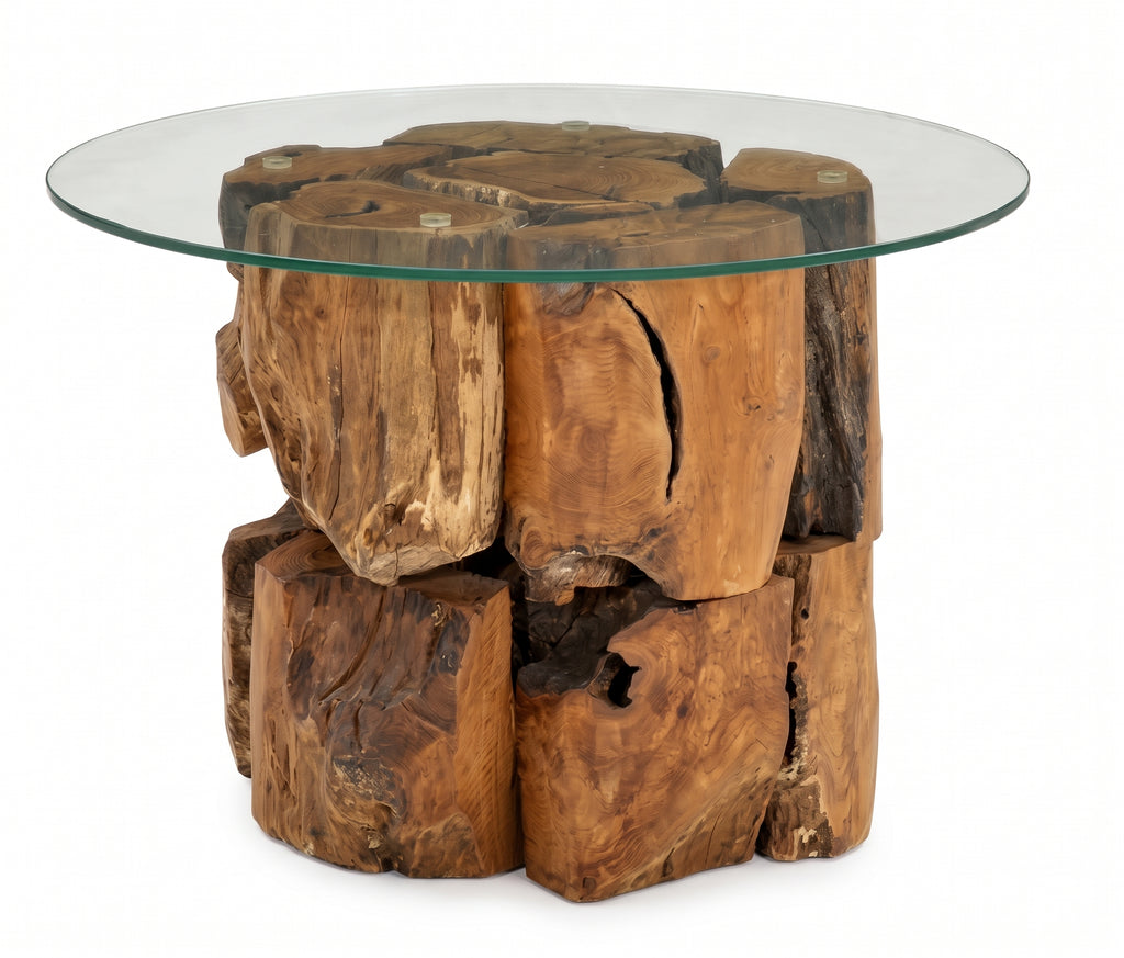 Table basse ronde Marlow – Teck massif flotté et verre trempé Ø 60 cm