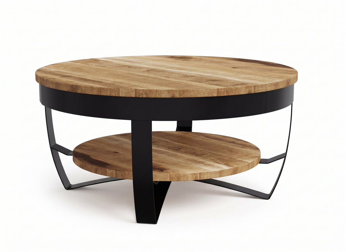 Table basse ronde Bali – Bois de manguier brut et métal