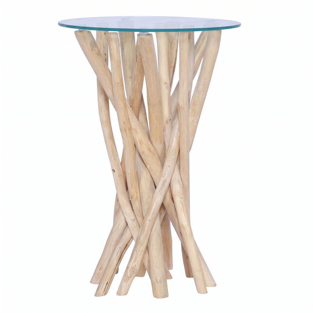 Table basse ronde Ubud – Teck massif et verre Ø 35 cm