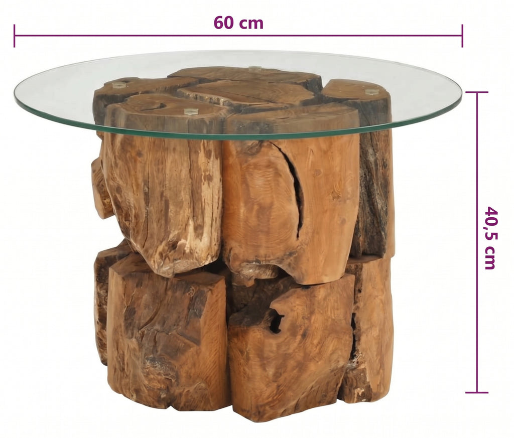 Table basse ronde Marlow – Teck massif flotté et verre trempé Ø 60 cm