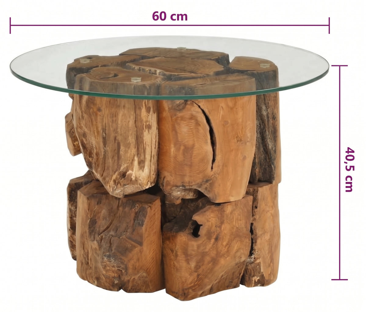 Table basse ronde Marlow – Teck massif flotté et verre trempé Ø 60 cm