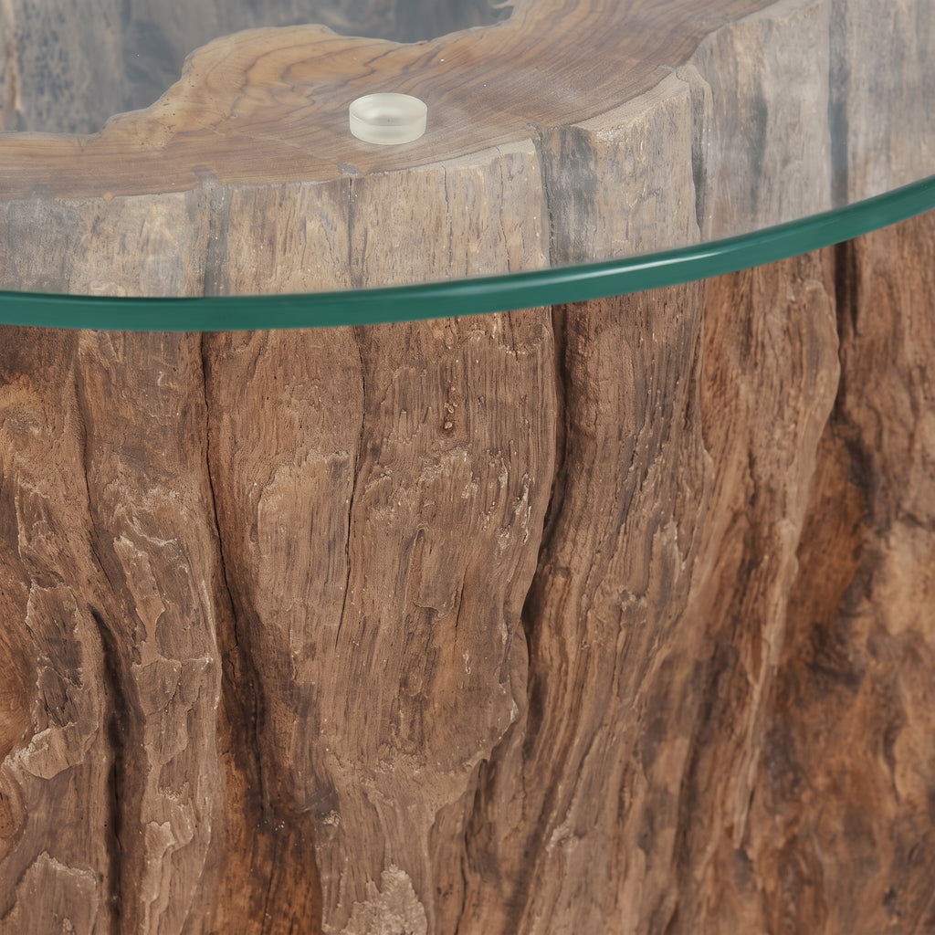 Table basse ronde Zanzibar – Teck massif et verre trempé Ø 50 cm
