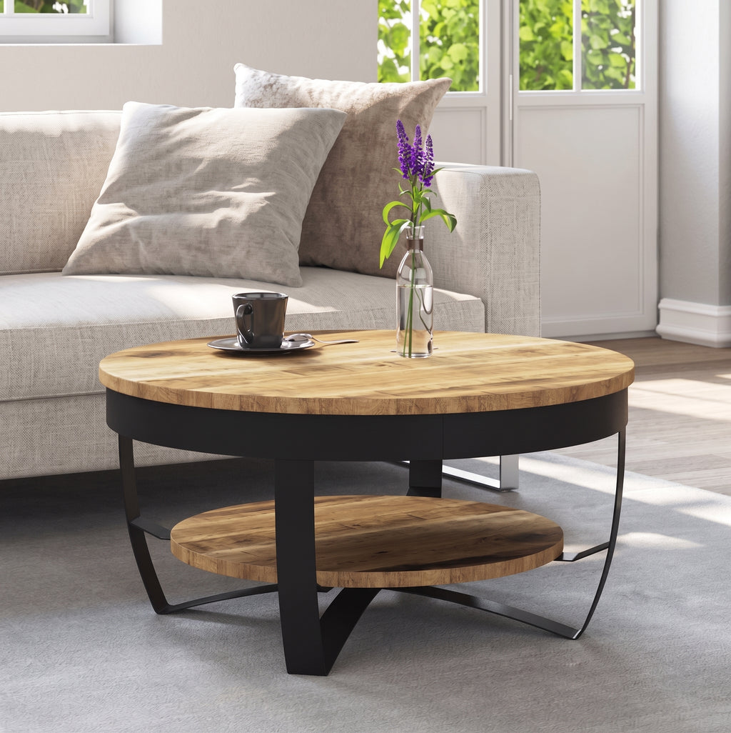 Table basse ronde Bali – Bois de manguier brut et métal
