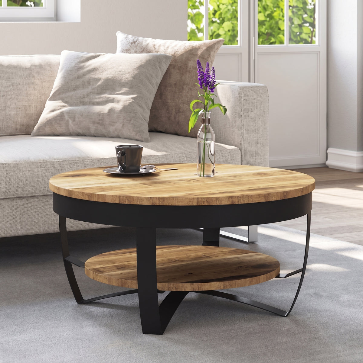 Table basse ronde Bali – Bois de manguier brut et métal