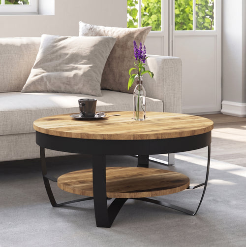 Table basse ronde Bali – Bois de manguier brut et métal