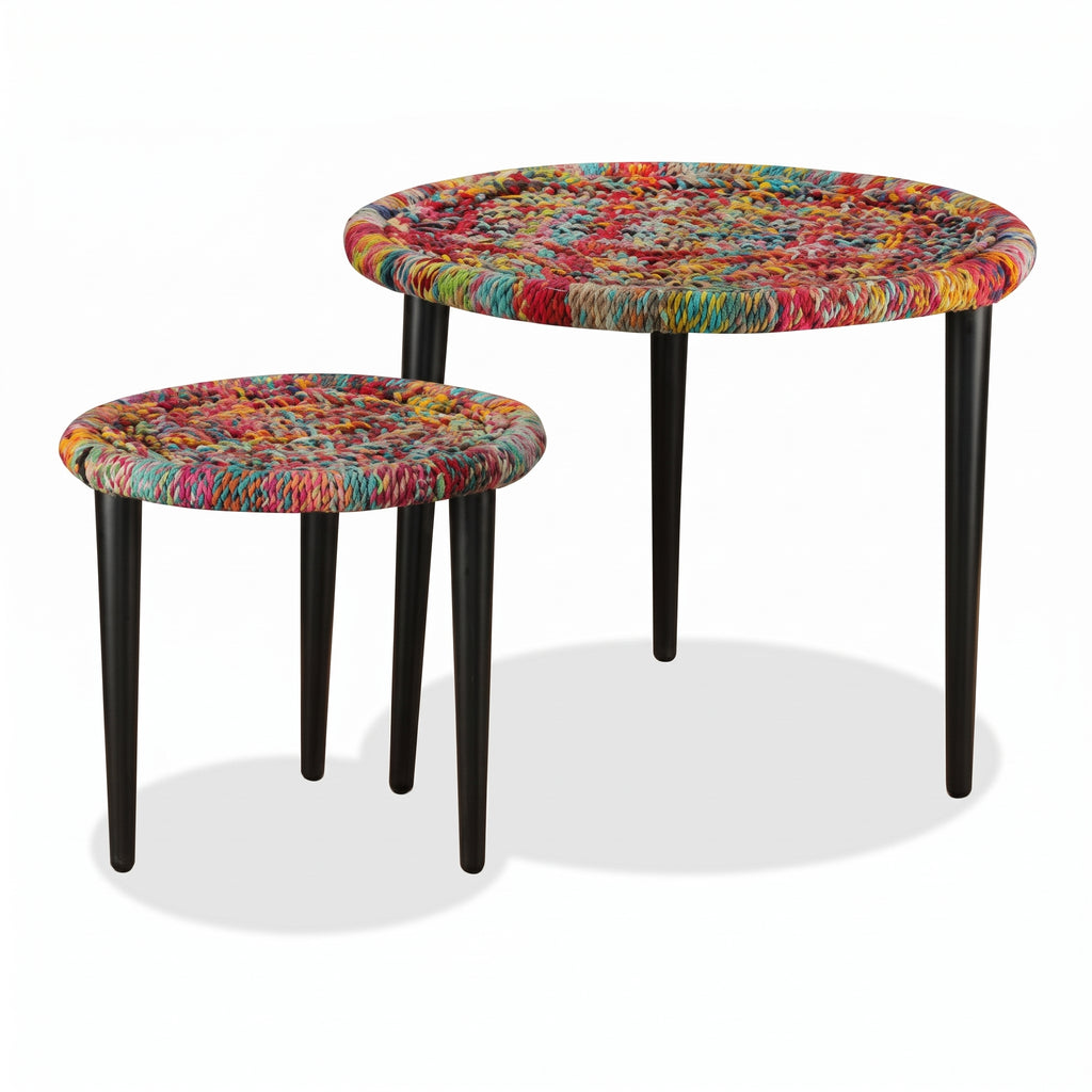 Lot de 2 tables basses rondes Goa – Détails tissés chindi multicolores