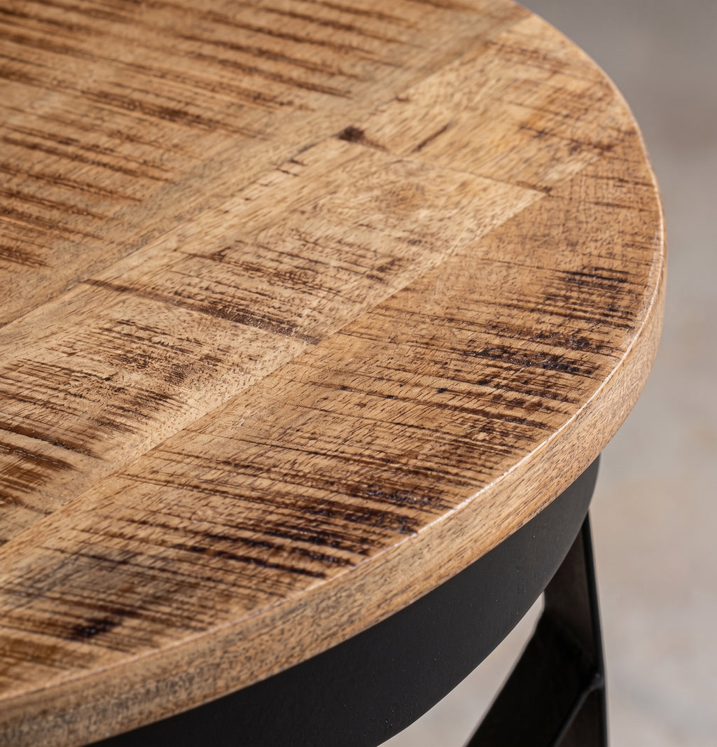 Table basse ronde Lombok – Manguier brut et métal noir Ø 68 cm