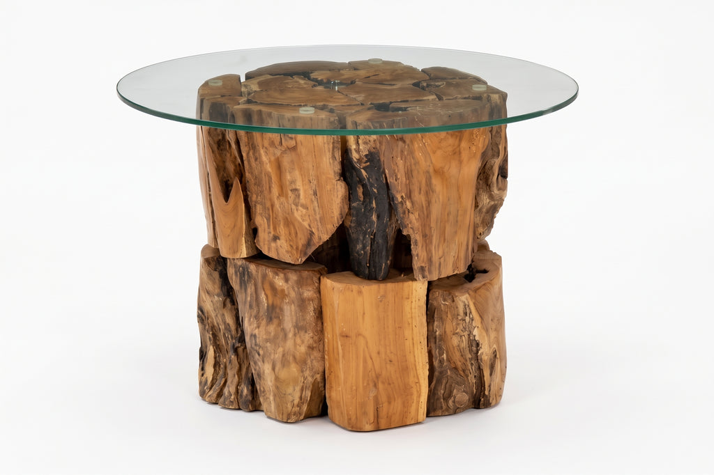 Table basse ronde Marlow – Teck massif flotté et verre trempé Ø 60 cm