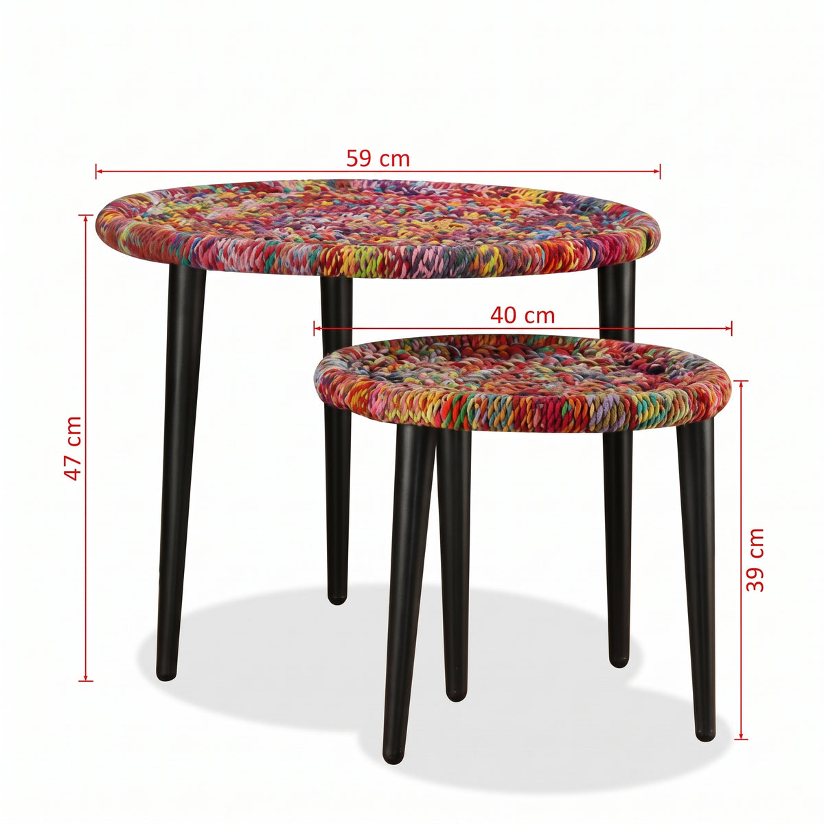 Lot de 2 tables basses rondes Goa – Détails tissés chindi multicolores