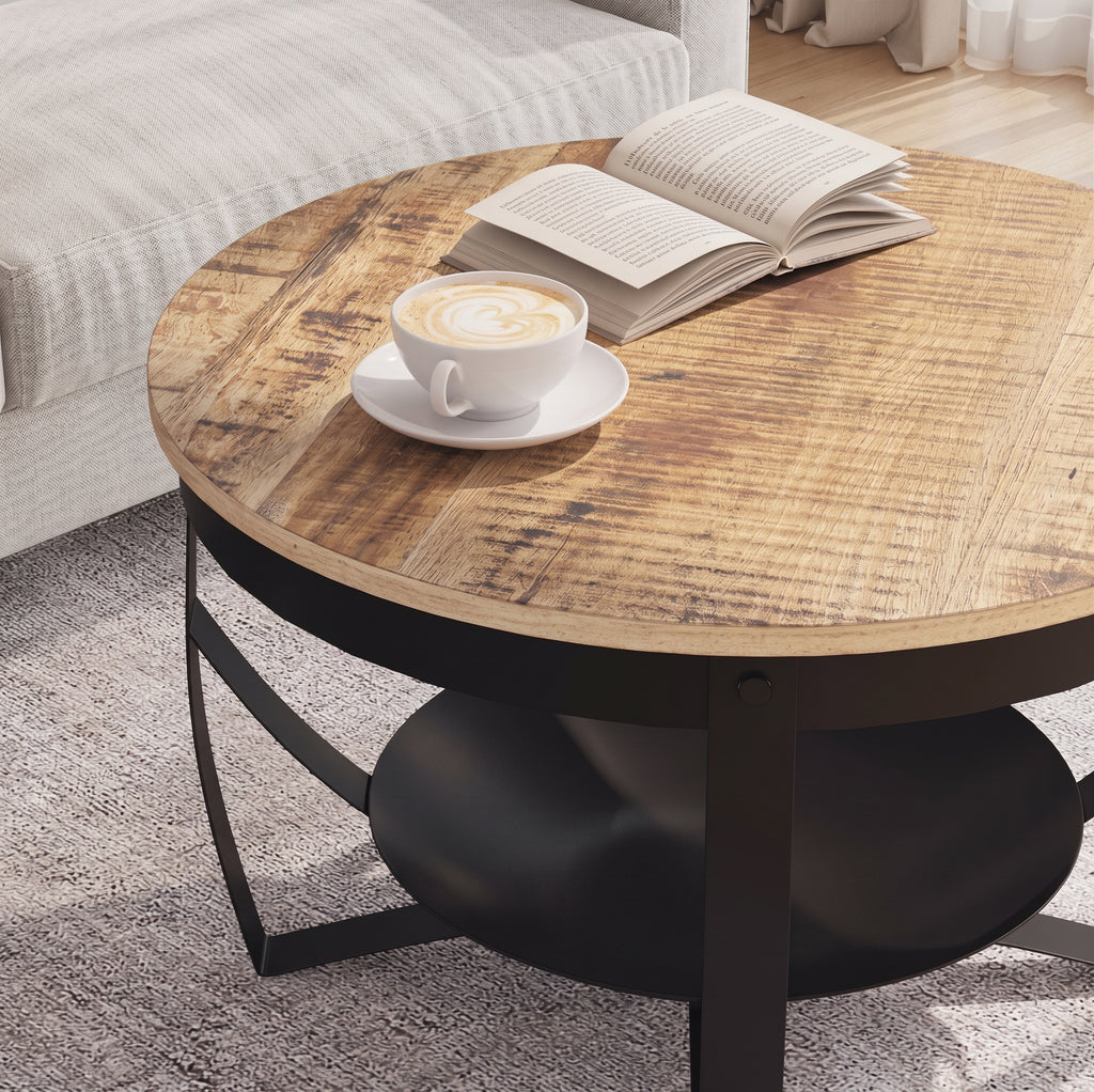 Table basse ronde Lombok – Manguier brut et métal noir Ø 68 cm