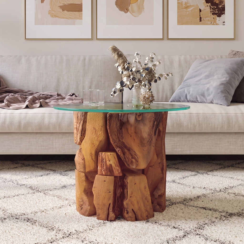 Table basse ronde Marlow – Teck massif flotté et verre trempé Ø 60 cm