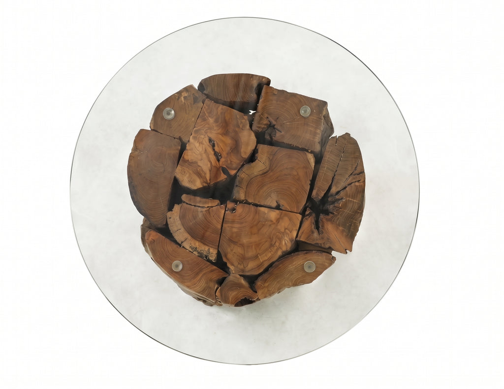 Table basse ronde Marlow – Teck massif flotté et verre trempé Ø 60 cm
