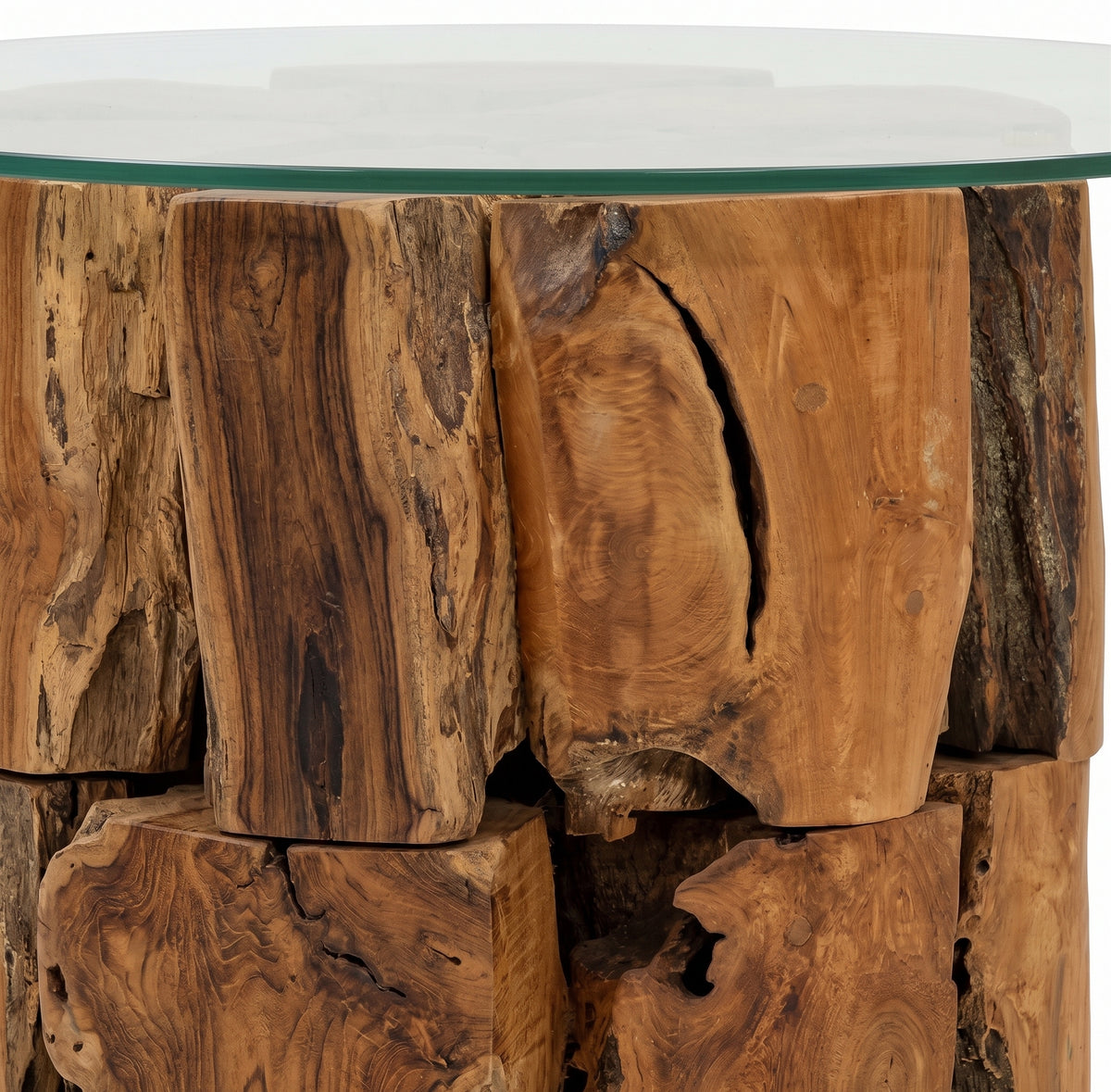 Table basse ronde Marlow – Teck massif flotté et verre trempé Ø 60 cm