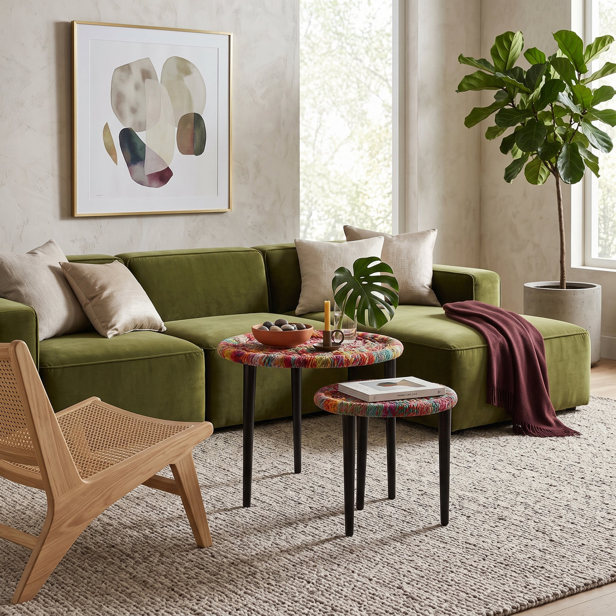 Lot de 2 tables basses rondes Goa – Détails tissés chindi multicolores