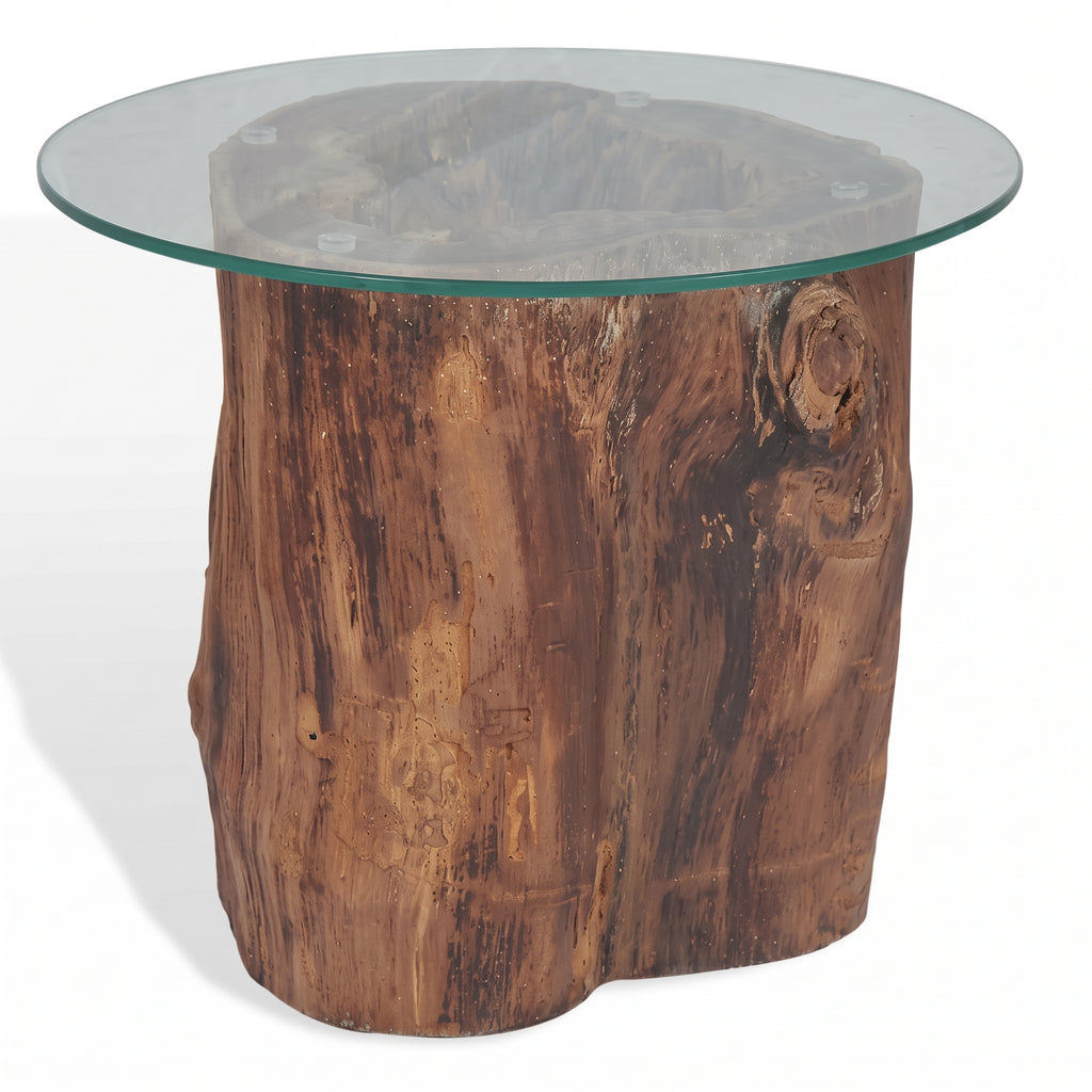 Table basse ronde Zanzibar – Teck massif et verre trempé Ø 50 cm