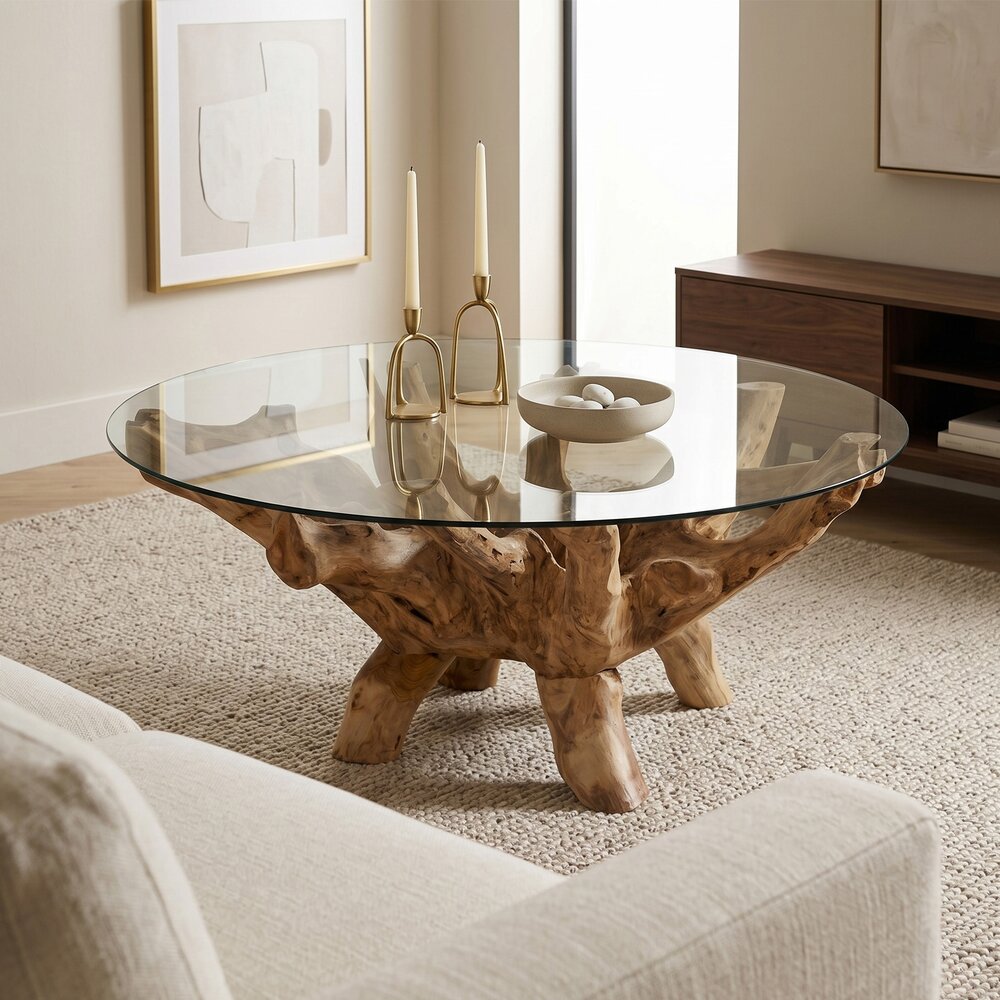 Table Basse Ronde Verre et Racine de Teck Ø110 cm - Amazonas